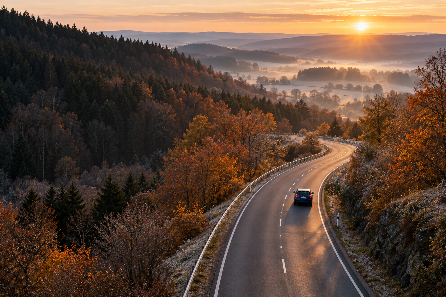 Ein Fahrzeug auf einer kurvigen Straße durch eine herbstliche Landschaft bei Sonnenaufgang